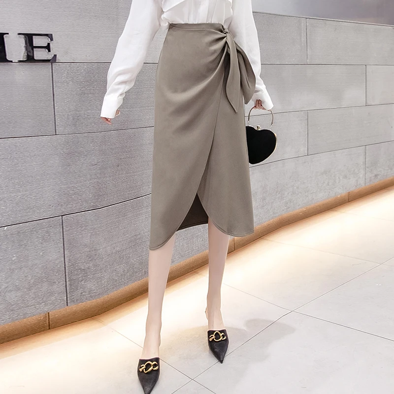 Office Lady Elegant High Waist Asymmetrical Midi Skirt Women\'s Autumn Spring Fashion Long Skirt Female Sexy Slit Skirt