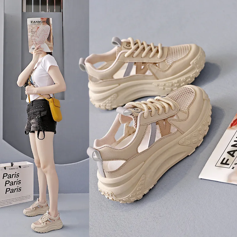 

Обувь, лето 2021, женские сандалии с круглым носком, дышащие сабо с неглубоким носком и каблуком, удобные новые толстые спортивные сабо на шнуровке для девочек