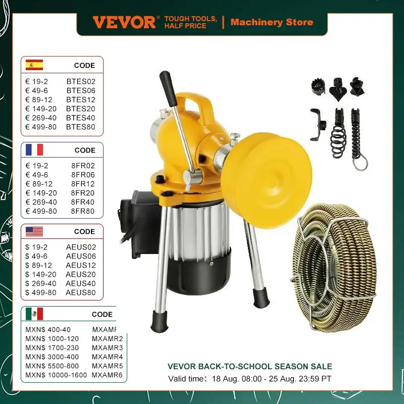 

VEVOR Professional Dredge Machine 400W Electric Pipe Plunger Household Sink Sewer Toilet Blockage Tube Unblocker Cleaning Tools