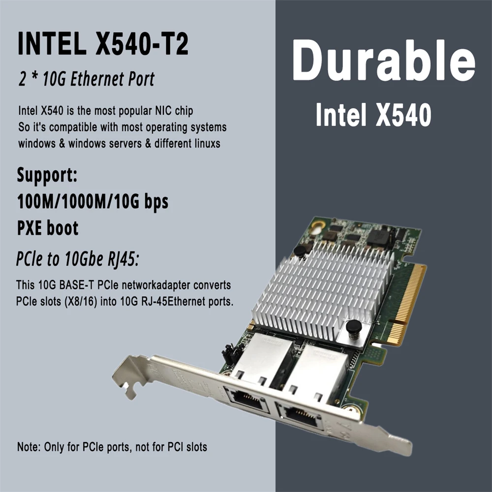 بطاقة شبكة إيثرنت Intel ، نحاسية مزدوجة المنفذ ، شرائح RJ45 ، PCIe x8 ، منفذ 10G ، دعم لهوائيات Synology ، محول تمديد ، 10G