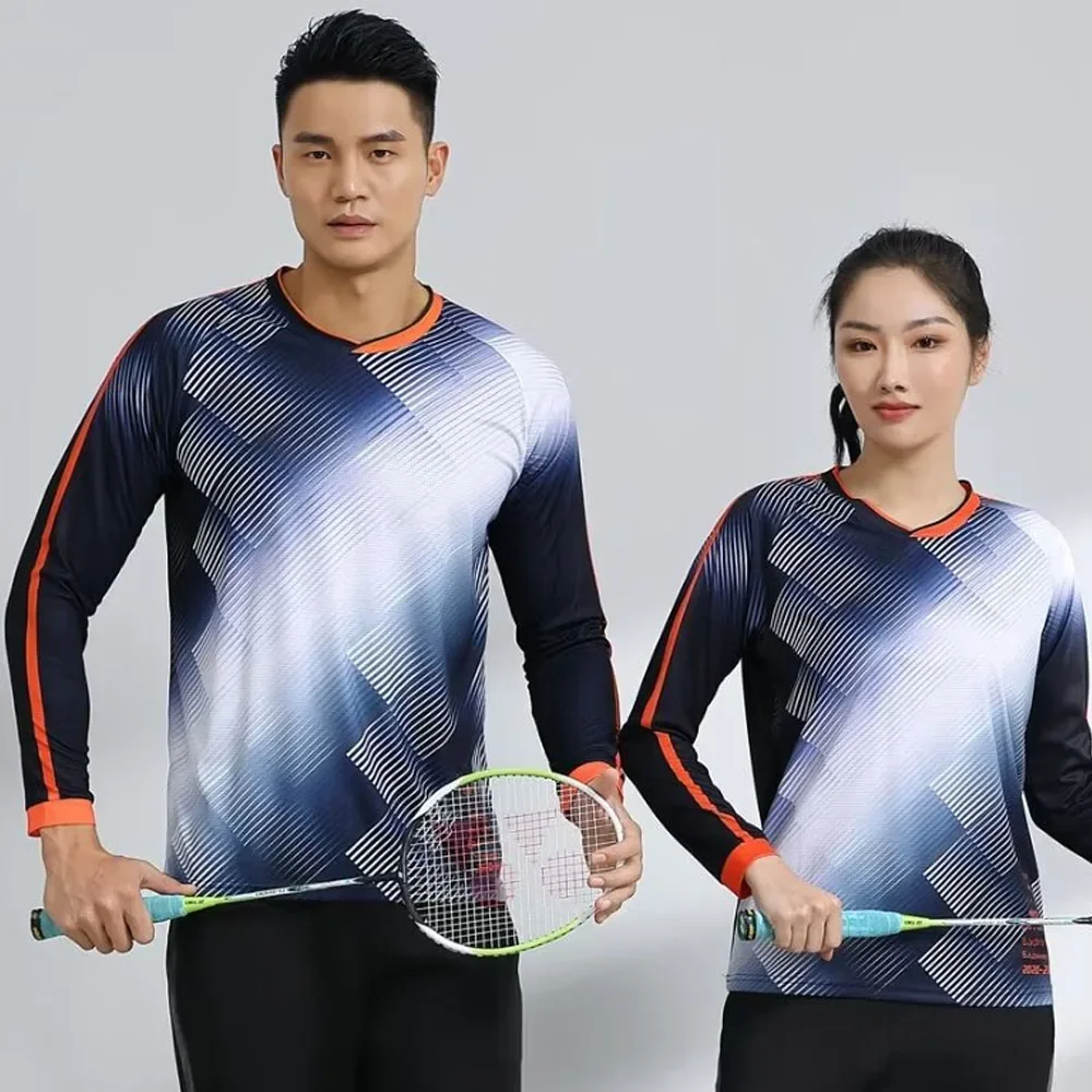 Badminton T-shirt for Men Women Kids 2023 Autumn Winter Quick Dry Print Couple V-neck Long Sleeve Tennis Ping Pong Uniform Top