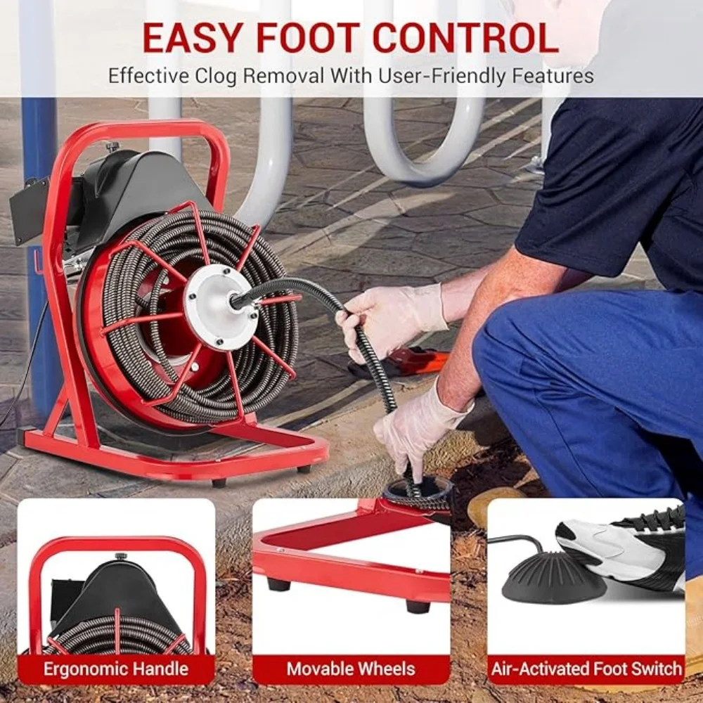 75FT x 1/2 In Drain Cleaner Machine, 370W Electric Drain Snake, Drain Auger Plumbing Snake Cleaning Machine for 2