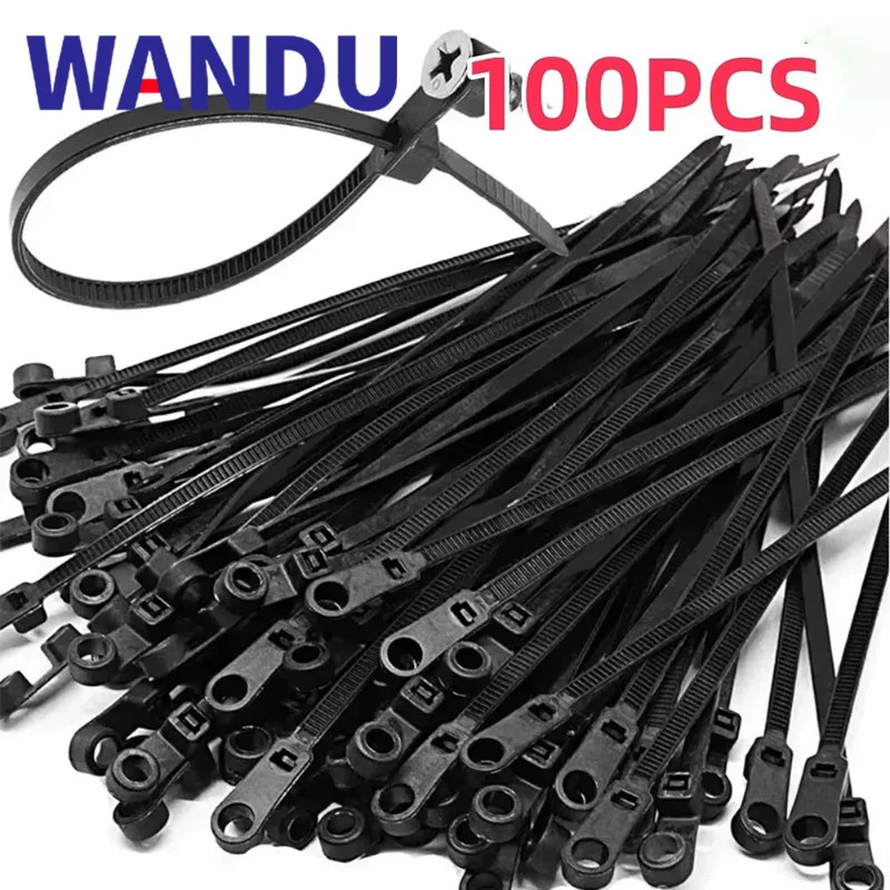 100PCS Screw Hole Nylon Cable Ties Multipurpose Duty Adjustable Self-locking Cord Ties Organizer Straps Fastening Loop