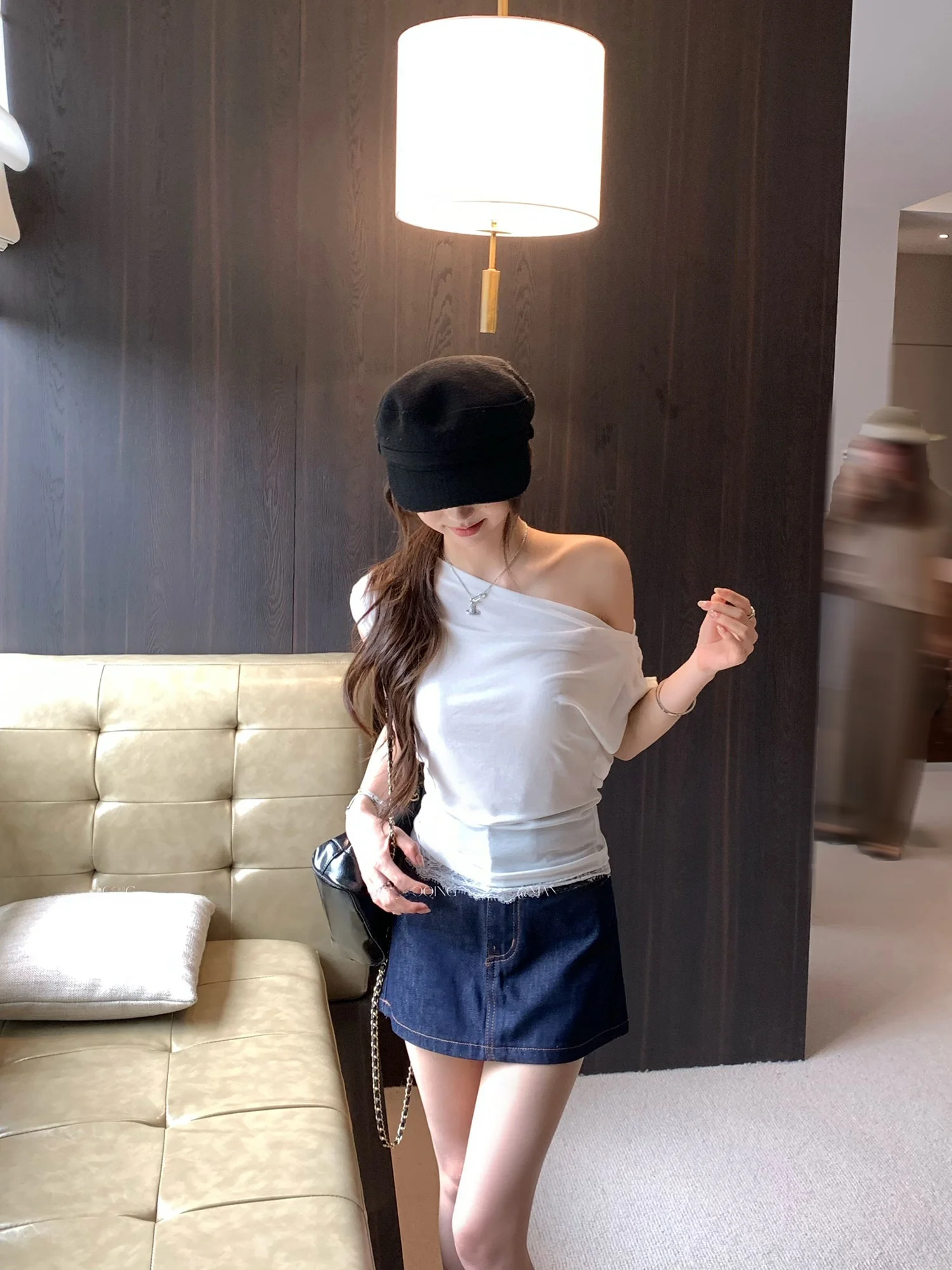 Slimming Pure Desire Gentle Wind Diagonal Shoulder Swing Neck Short Sleeve T-Shirt Women Summer New Beautiful Loose Waist-Cin...