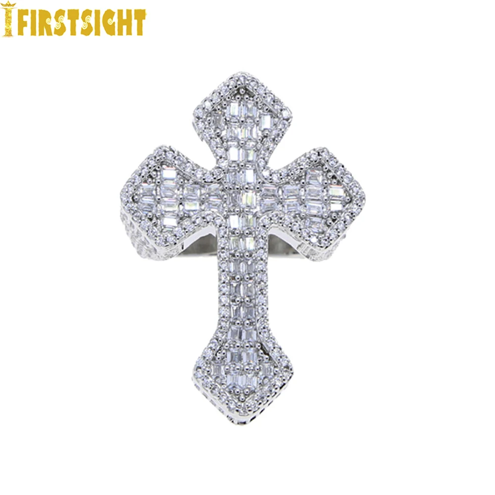 New Bling Cross Ring Iced Out Zircon Prong Setting Gold Color Fashion Luxulry Finger Men Hip Hop Jewelry