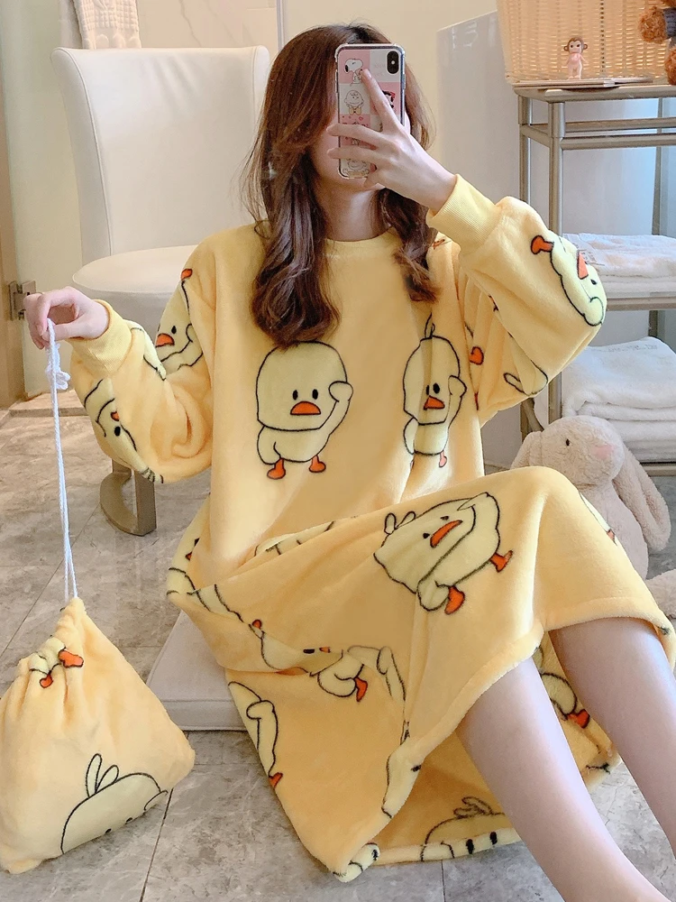 

Thi Coral Fce Pajama Dr Women's Long Home Clothes Warm Flannel Spwear Yellow Du Print Sweet Sle round Ne Lon...