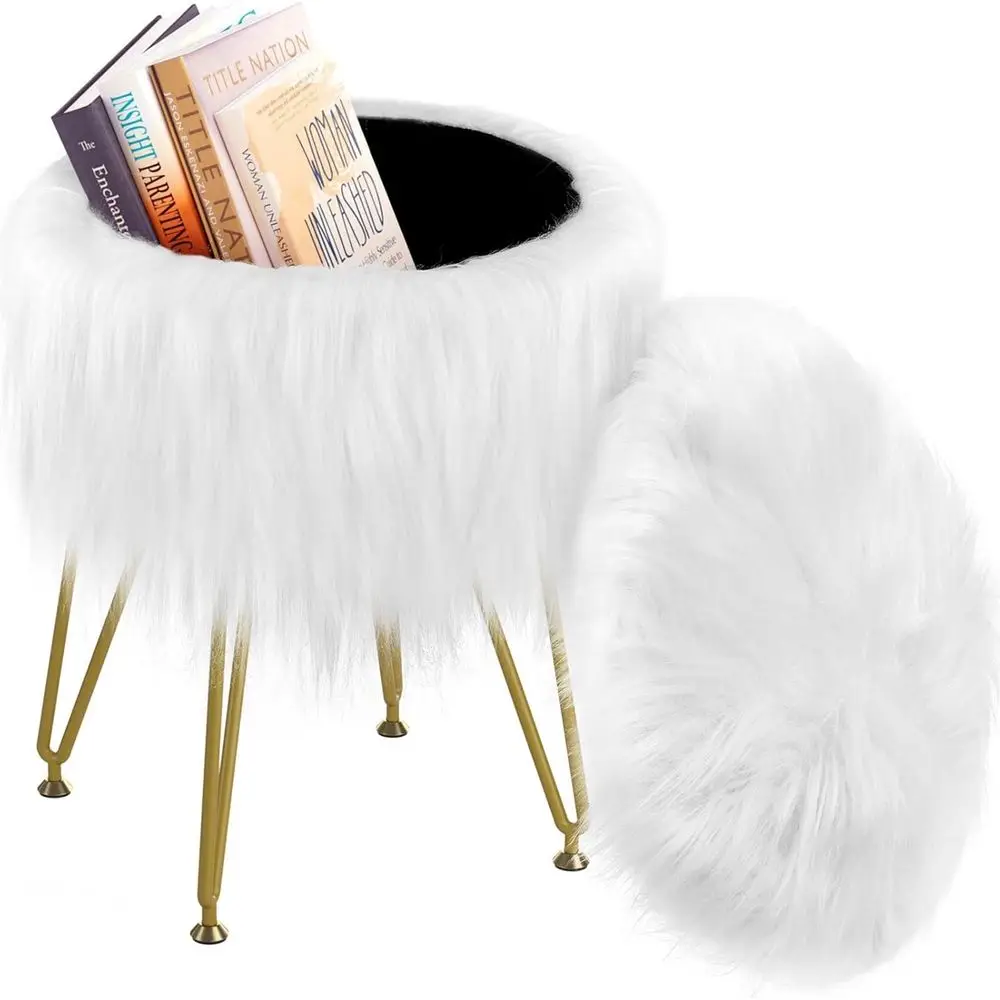 

Vanity Stool Chair with Storage, aux ur Makeup Room Seat Stool, Sot Padded Seat, Round ootrest ootstools with 4 Metal Legs & Adj