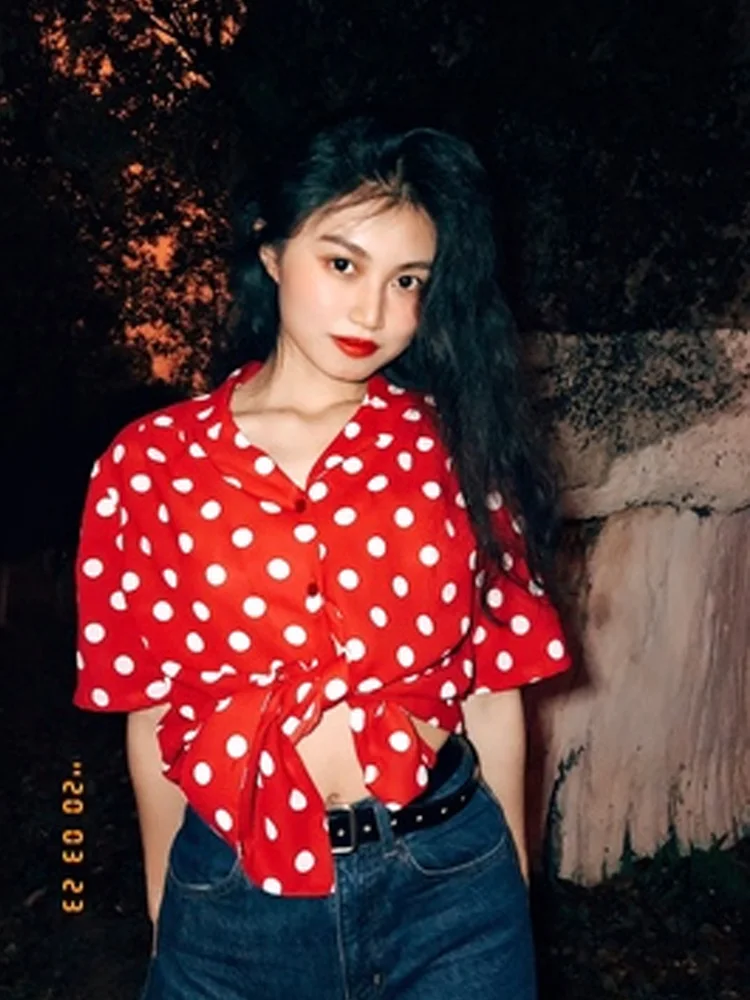 

Original Design Polka Dot Print Short Sleeve Red Shirt Vintage Hong Kong Style Women's Fashion Summer Straight Cut Shirt