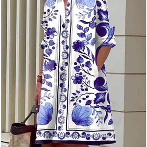 Extra langes Vintage-Kleid für Frauen, weiß, blau, lose Kleider, nur Celladon-Druckkleider, Sommerkleid, S-5xl 6 Hauptverkaufskleid Blue Shirt - №1