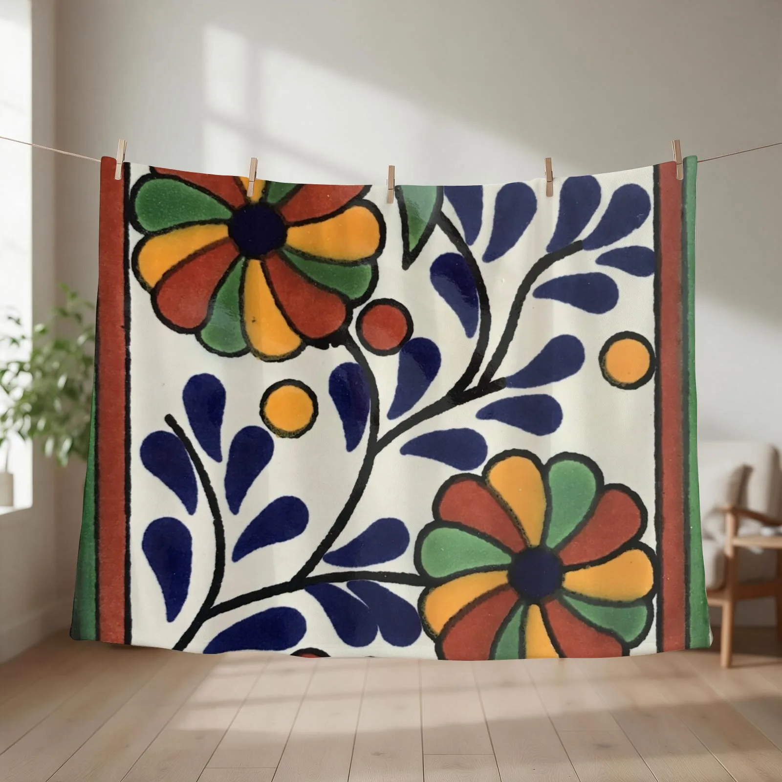 Glazed Talavera Floral on Ceramic Hand Painted Mexican Tile Throw Blanket Shaggy Furry Luxury Sofa Quilt Blankets