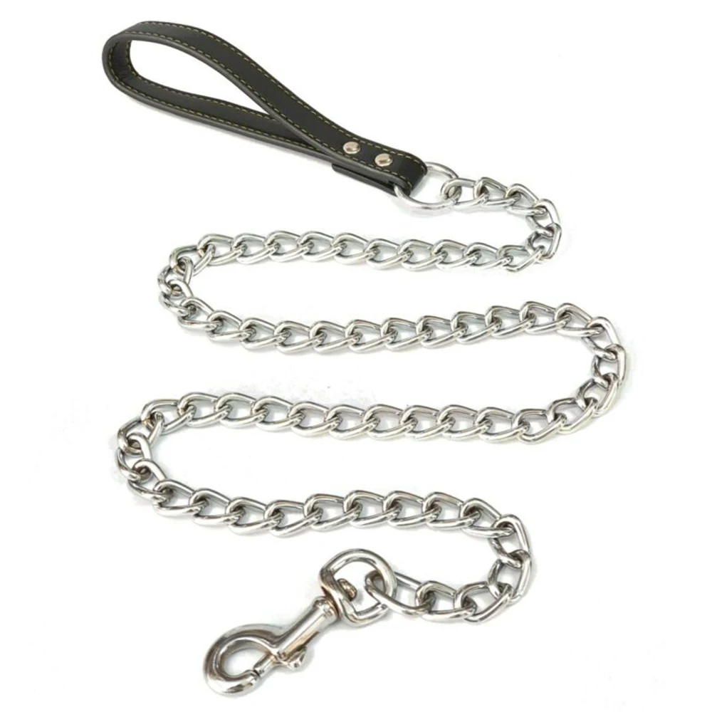 Reliable Metal Chain Dog Leash with Comfortable Leather Handle Secure Control for Strong and Active Energetic Pets