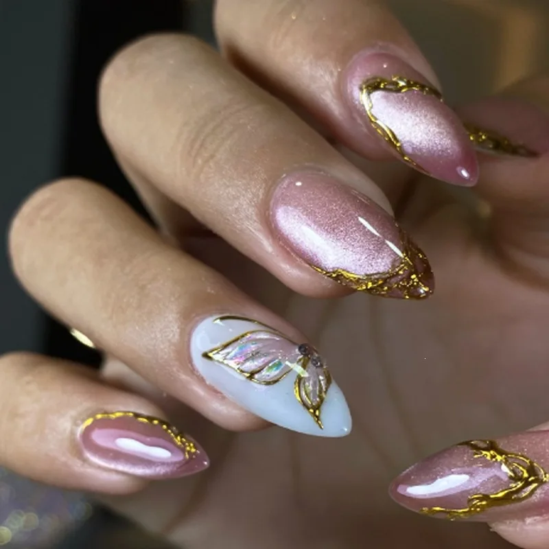 24 uñas postizas con flores doradas 3D, diseño ojo de gato, longitud media, forma almendra, adhesivas 5