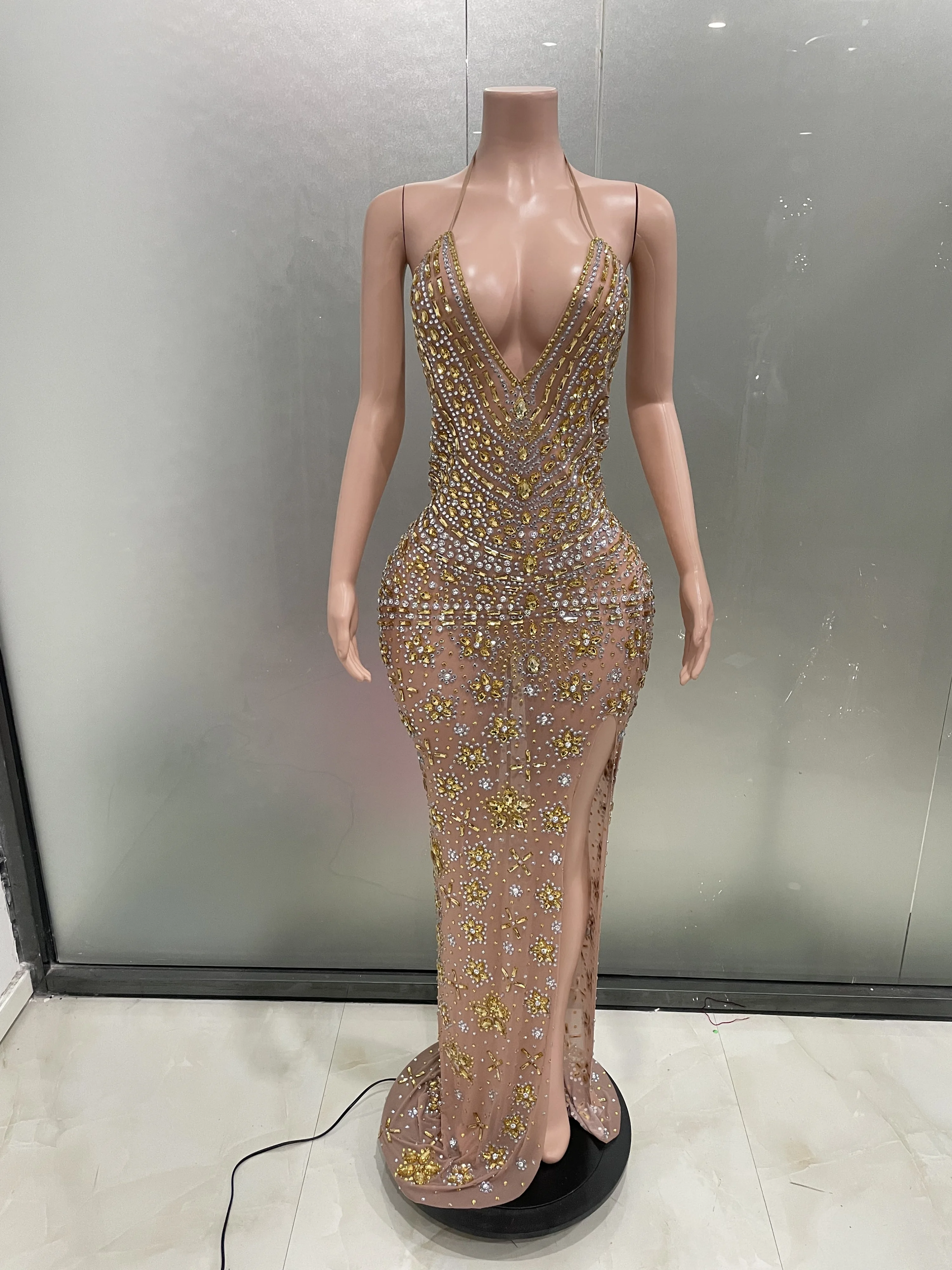 Luxurious Birthday Celebrate Gold Rhinestones Split Dress Shiny Women Sexy Stage Evening Crystals Photoshoot Gowns Collections