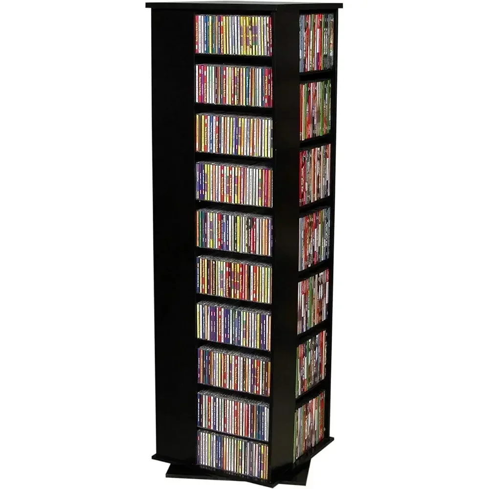 Four-Sided Revolving Media Tower - 1000, Laminated Wood, Black, 18.75x18.75x63, Home Media Storage