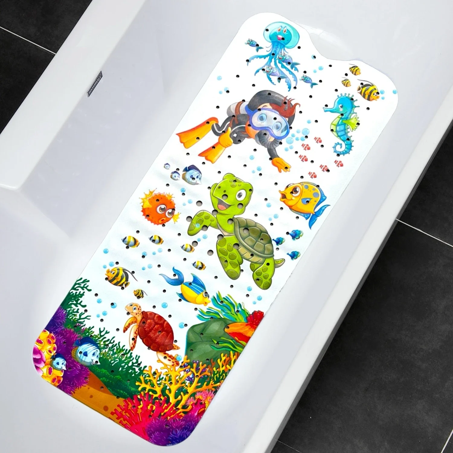Blue cartoon bathtub mat with suction cups and drain holes on a white background.
