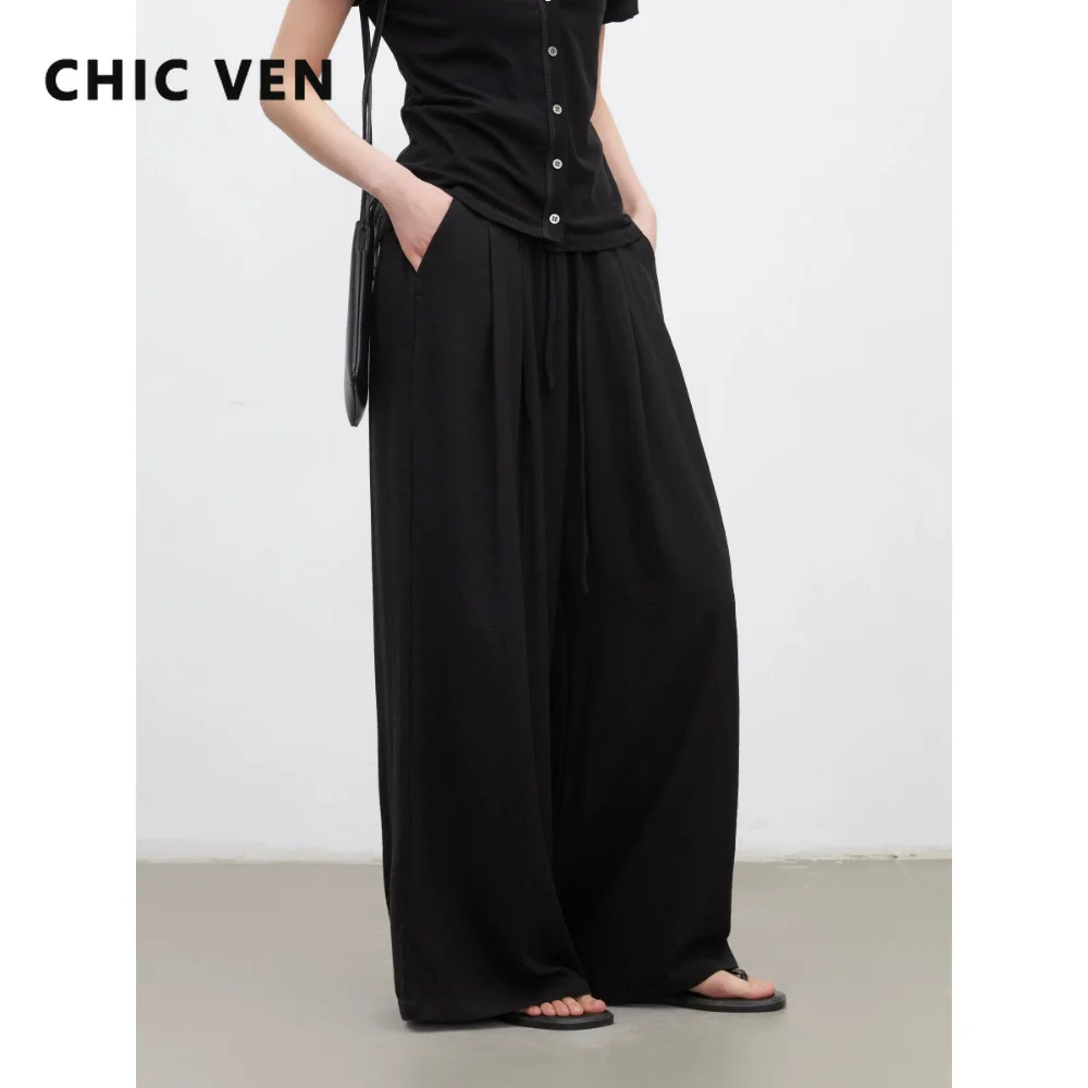CHIC VEN Fashion Women Pant Loose Casual New High Waisted Drawstring Elastic Wide Leg Texture Female Pants Spring Summer 2026