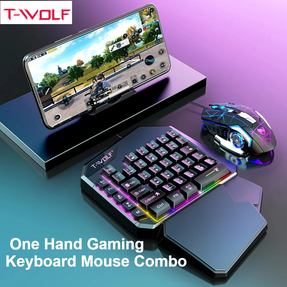 T-WOLF One-Handed Gaming Keyboard Mouse Combo Converter Gaming Controller for Mobile PUBG FPS Game Accessories