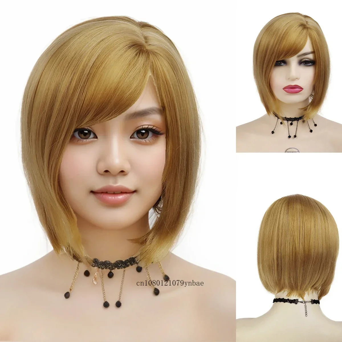 Blonde Bob Wigs Synthetic Hair Short Straight Wig with Bangs for Women Lady Natural Looking Daily Costume Party Heat Resistant