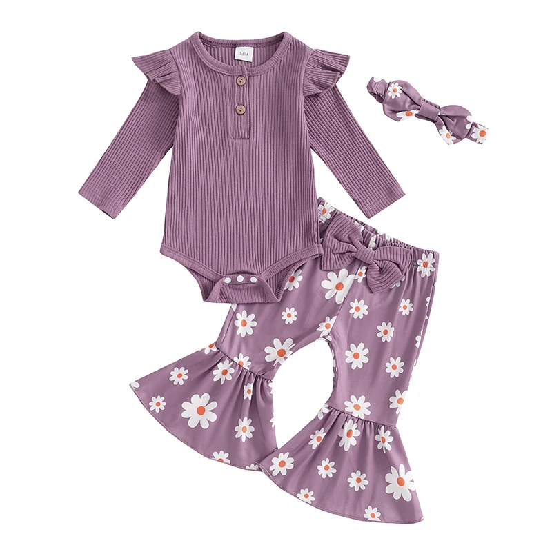 

Fall Baby Girl Clothes Long Sleeve Baby Girl Romper Floral Flared Pants Headband Infant Girl Festival Outfits