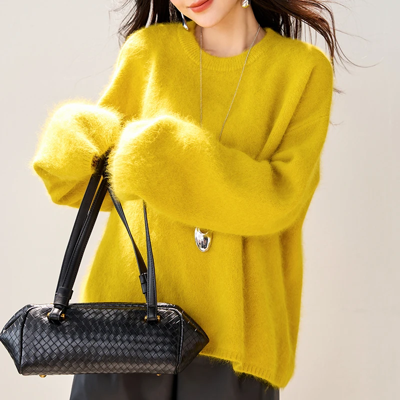 Suéter amarillo holgado informal de gran tamaño para mujer, jerséis suaves de manga larga, prendas de punto elegantes a la moda para Otoño e Invierno, Top de punto a la moda