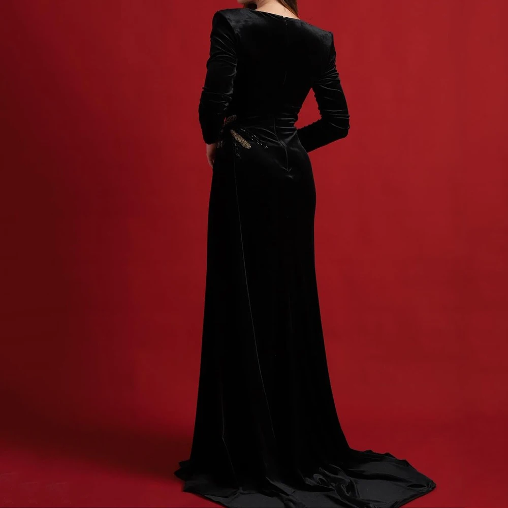 Op maat gemaakte zeemeermin-avondjurken Vloerlengte V-hals Volledige mouw Galajurk Mode Kralen Eenvoudige gedrapeerde casual feestjurk