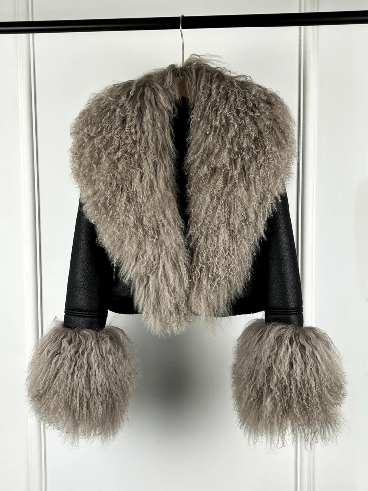 2024 Winter Women Warm Faux Leather Sheepskin Coat Female Zipper Slim Streetwear Moto Biker Jacket Large Real Wool Fur Collar