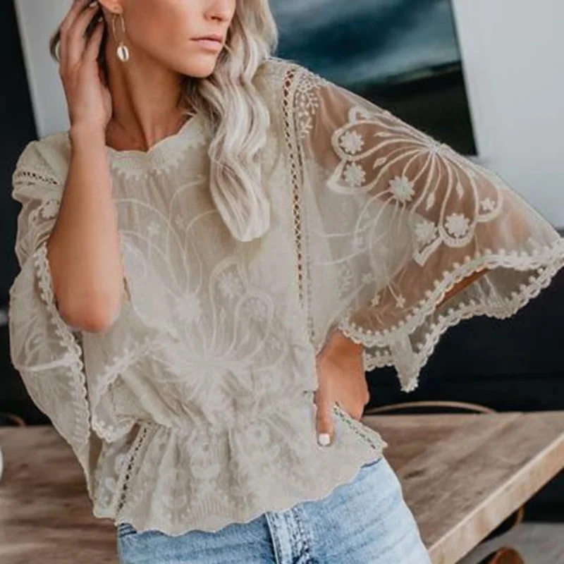 Batwing Sleeve Lace Women Blouses Flower Embroidery Hollow Out Shirts Casual Loose 2024 Fashion Elegant Tops Autumn Clothing