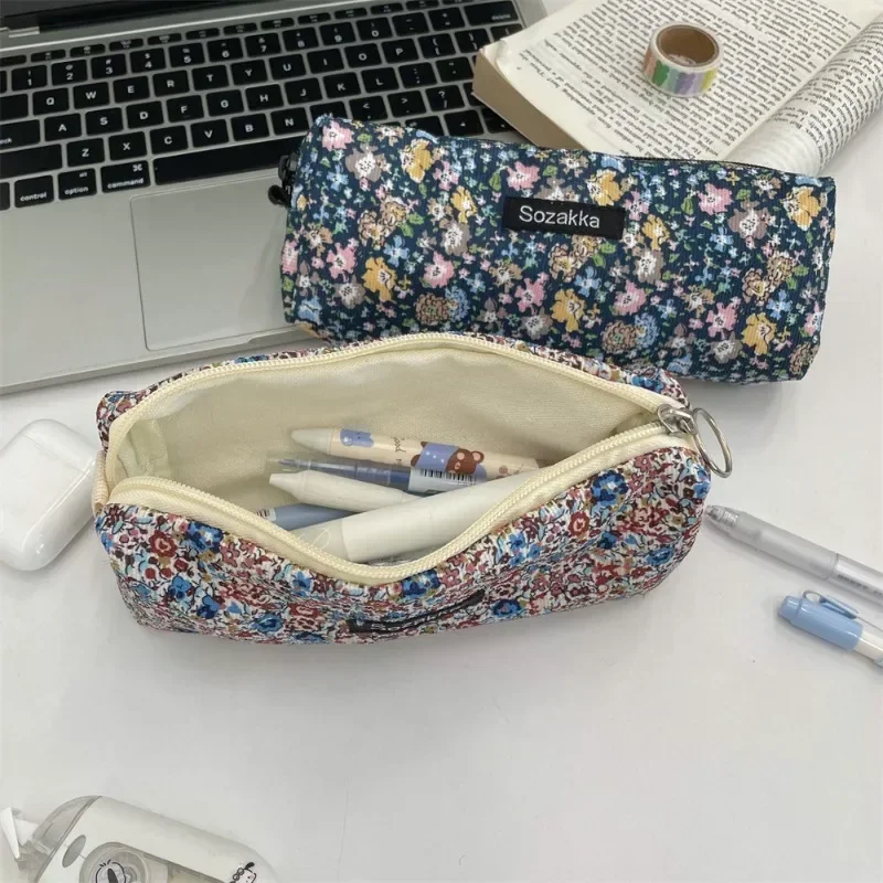 

Korean Makeup Bags Female Toiletry Kit Storage Organizer Pouch Flower Make Up Bags Corduroy Pencil Case for Students