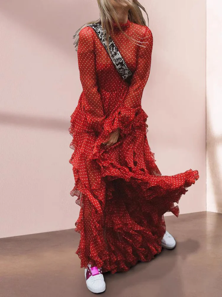JHJN Red Evening Gown Banquet Stand Collar Lace Heavy industry Lotus Leaf Edge Skirt Polka Dot Chiffon Dress Luxury Brand