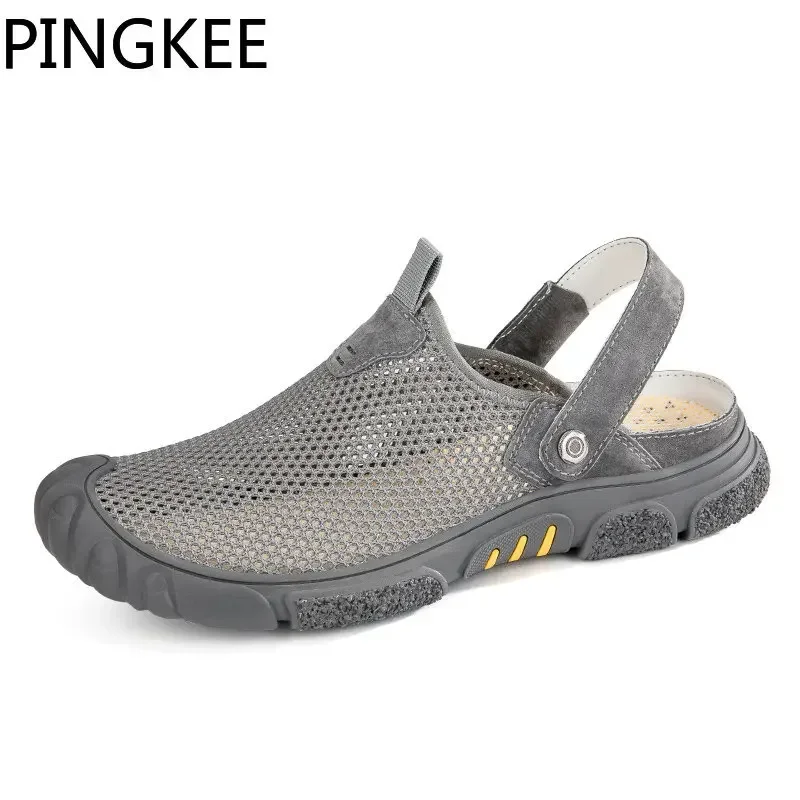 PINGKEE Men\'s Slip-ons Water Shoes For Men Leather Sandals Summer Male Breathable Slip on Beach Men\'s Shoes Men Sandals Shoes