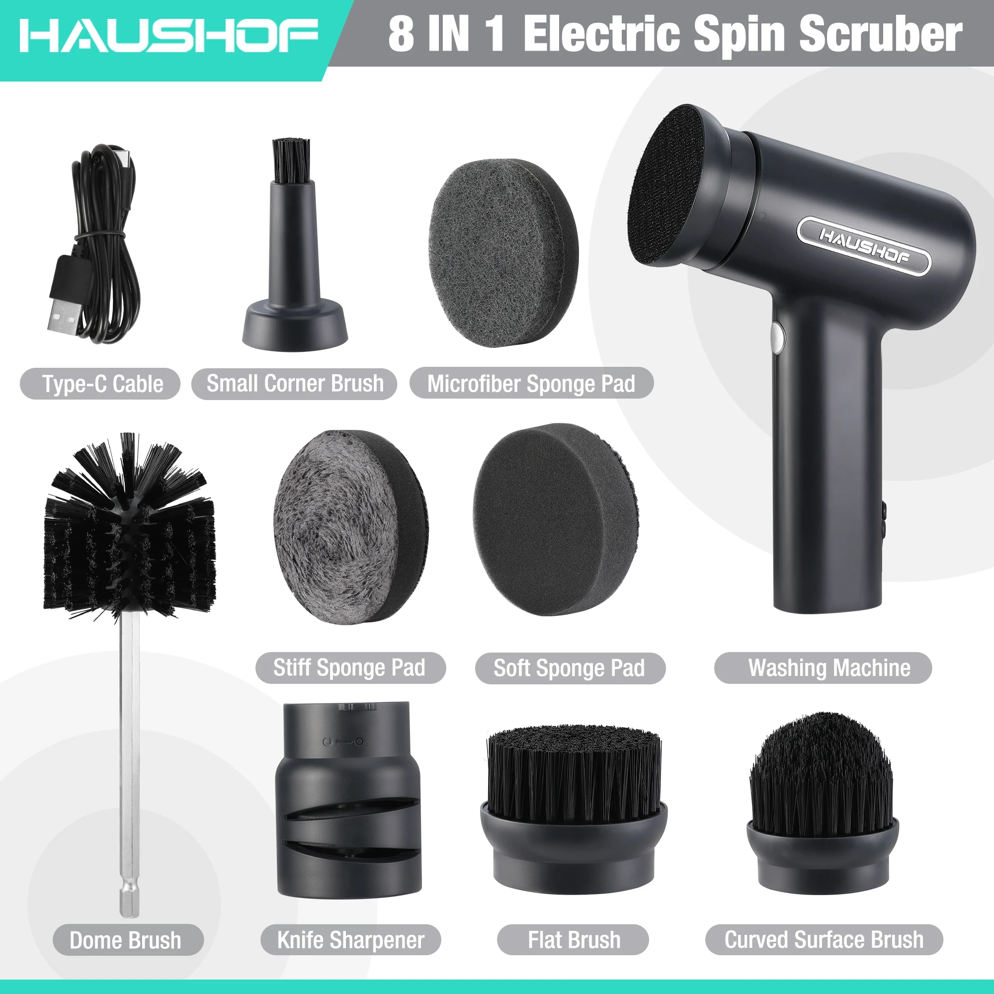 HAUSHOF 7.2V Electric Spin Scrubber Set with Base Multi-functional Cleaning Brush Set for Kitchen Handheld Power Scrubber Tool