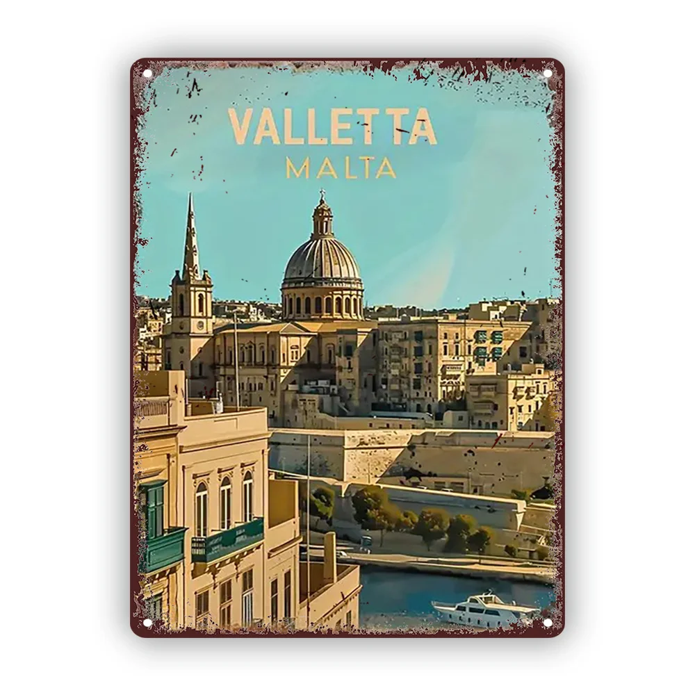 Valletta Malta Cityscape Vintage Metal Tin Sign, Iron Wall Decor Poster, , with Iconic View for Home, Office, Bar