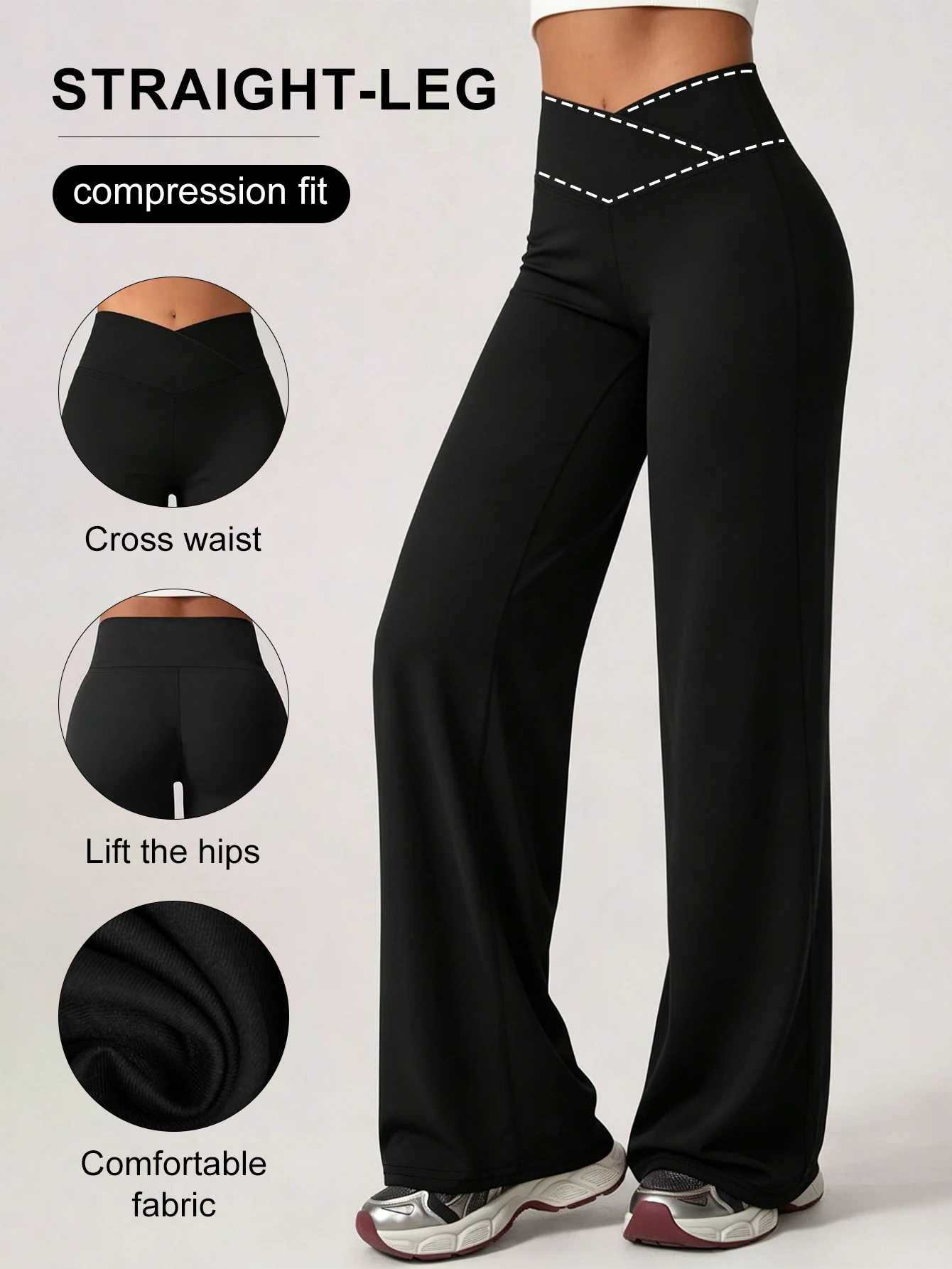 Damen-Hose mit überkreuzter Taille, gerade geschnitten, modisch, minimalistisch, weit geschnitten, lange Hose, geeignet für Fitness, Laufen, Oberbekleidung, bequem