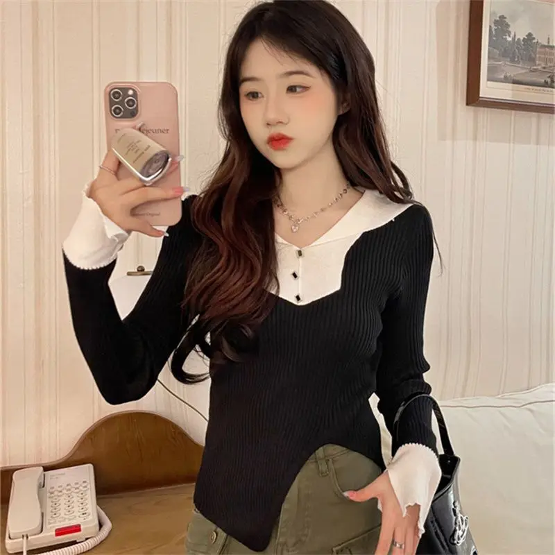 Women Clothing Spring Autumn Fashion Korean Simplicity All-match Button Color Blocking Turn-down Collar Knitting Long Sleeve Top