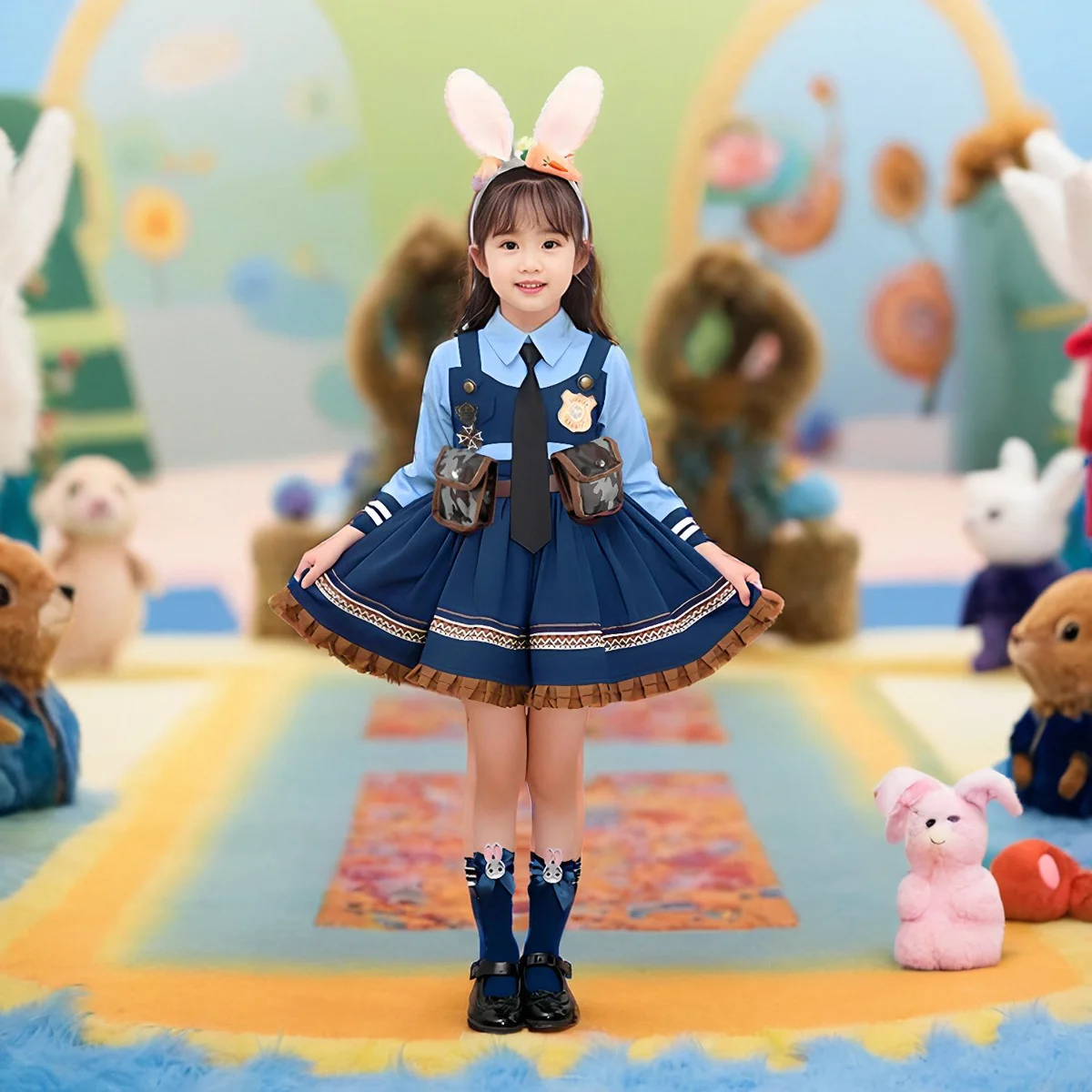 Fsia Infantil de Judi com orme de Polícia, Saia Lolita, Chapéu e Tiara, Traje Cleto para Cosplay de 