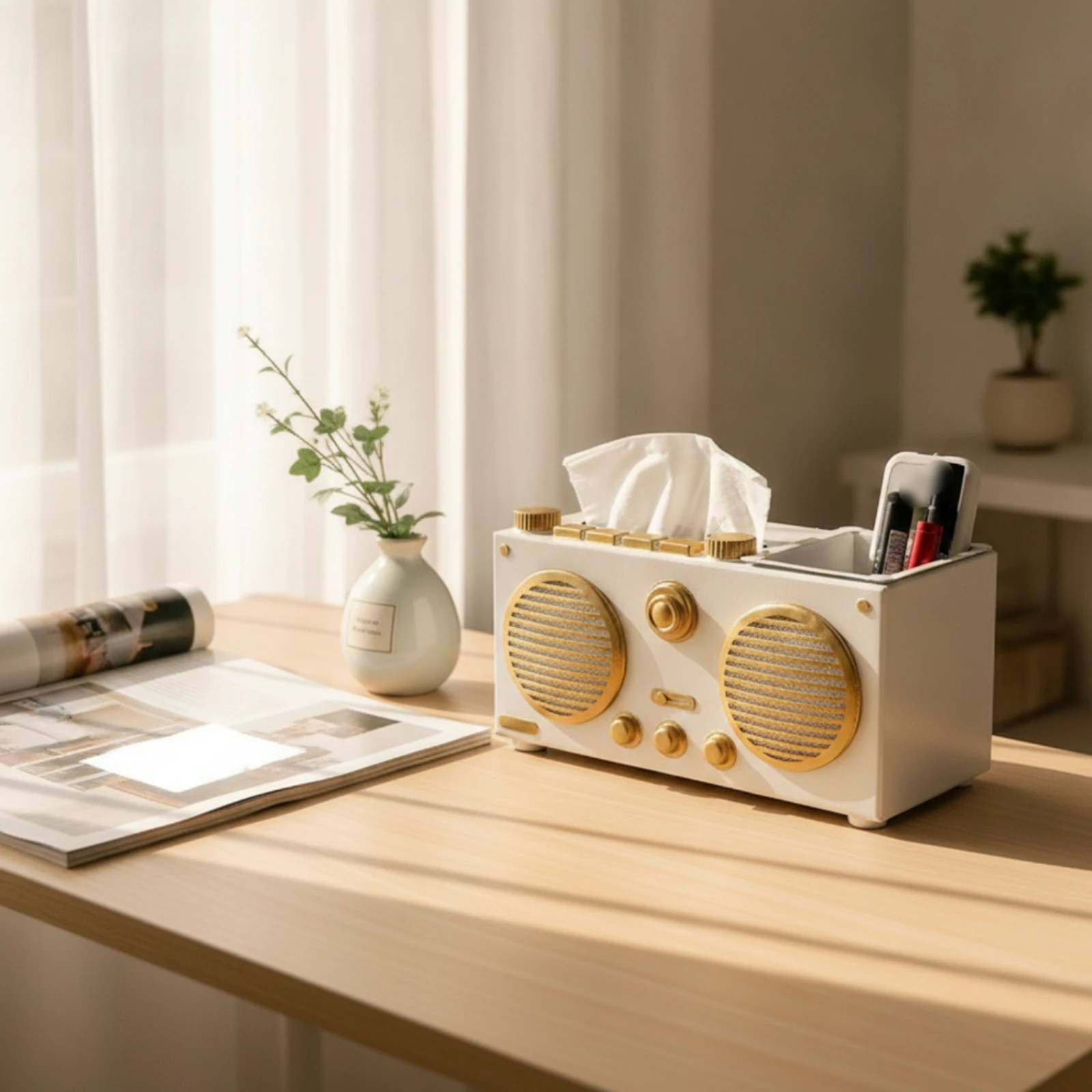 Retro Radio Tissue Box Cover Vintage Tissue Box Cover with Organizer Retro Radio Organizer Stylish Practical for Desk