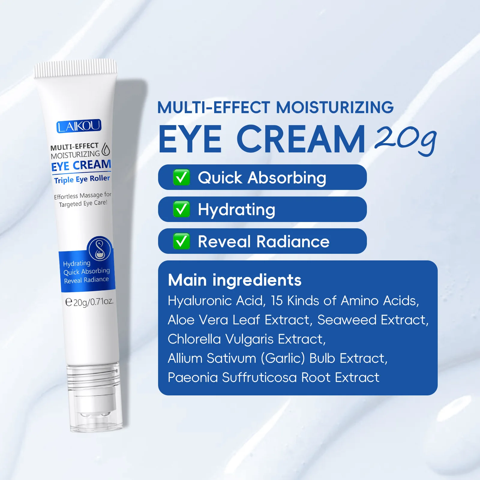

LAIKOU Hydrating Roller Eye Cream 20g, Moisturizing Under Eye Treatment for Fine Lines, Cooling Massage Ball Daily Eye Skin Ca