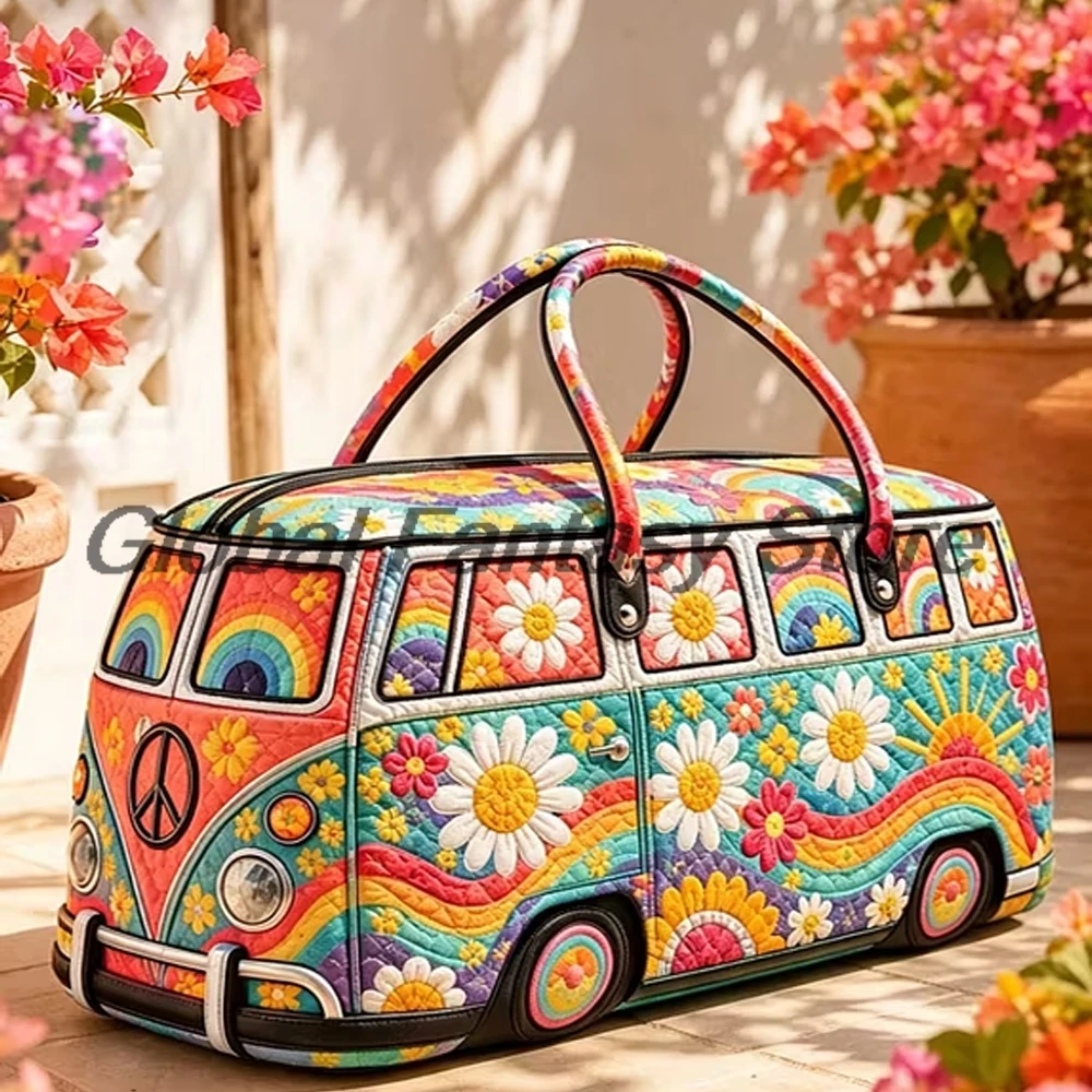 Retro Daisy Camper Van Quilted Duffle Bag Hippie Flower Power Bus Travel Tote Handbag Women Men Outdoor Weekender Bag