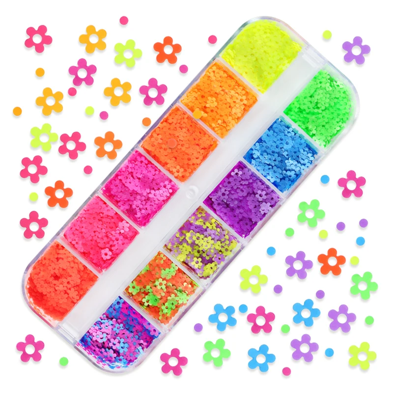 Fluorescent Plum Flower Nail Art Decorations Neon Five Petal Flowers Sequins DIY Nails Accessories Summer Manicure Style Design