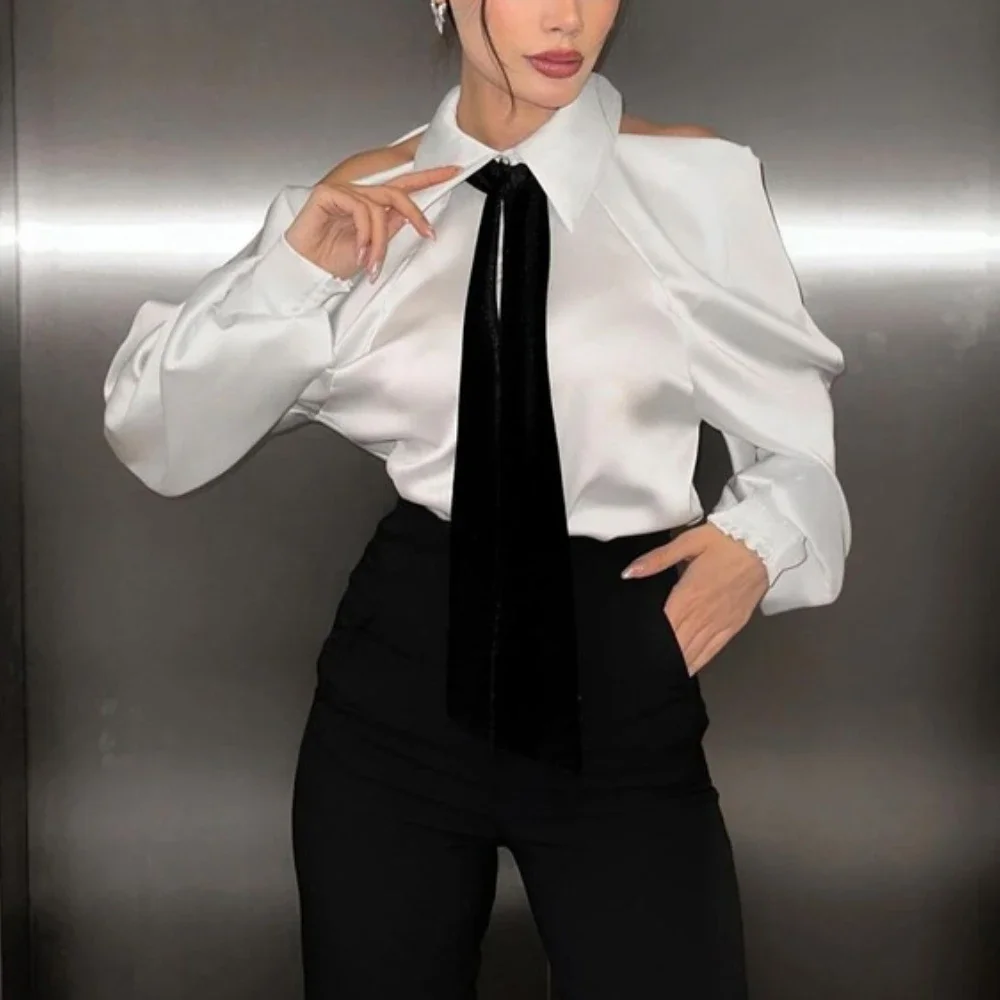 TWOTWINSTYLE Solid Loose Spliced Hollow Out Blouse for Women Lapel Long Sleeve Patchwork Single Breasted Top Female Clothing New