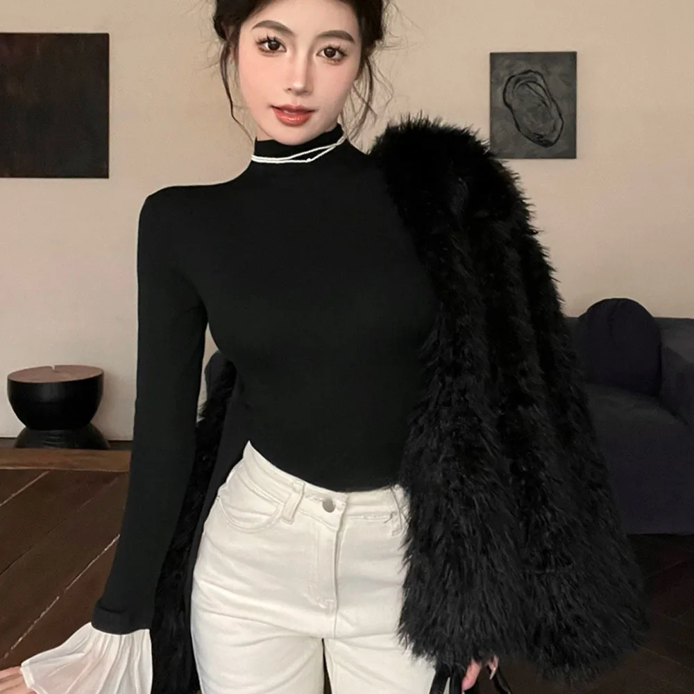 2024 Black Brushed Plush V-neck T-shirts Ladies Vintage Flare Sleeve Tops Women's Winter Tight Short Temperament Bottoming Tees