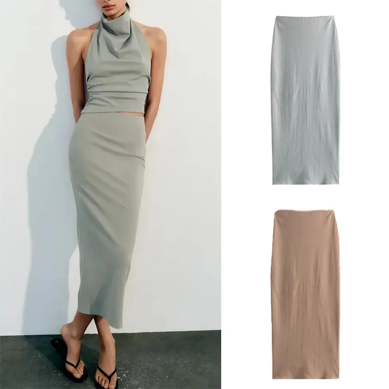 

2024, весна-лето, женская модная женская юбка, серебристо-серая винтажная прямая юбка с высокой талией и разрезом сзади