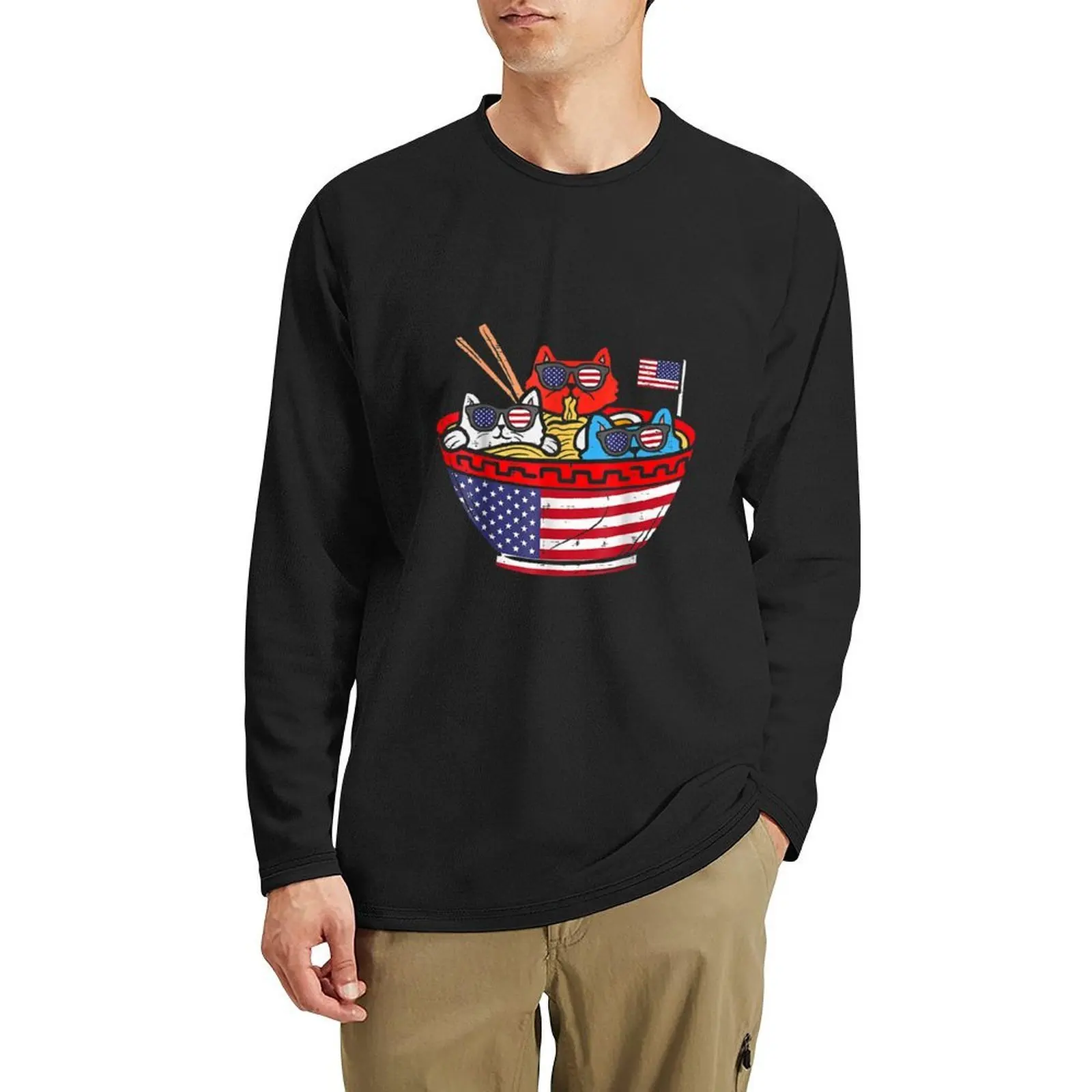 Gatos Ramen Anime bandera americana EE. UU. Divertido 4 de julio 4 de julio Camiseta larga camisetas gráficas camiseta sublime paquete de camisetas para hombres