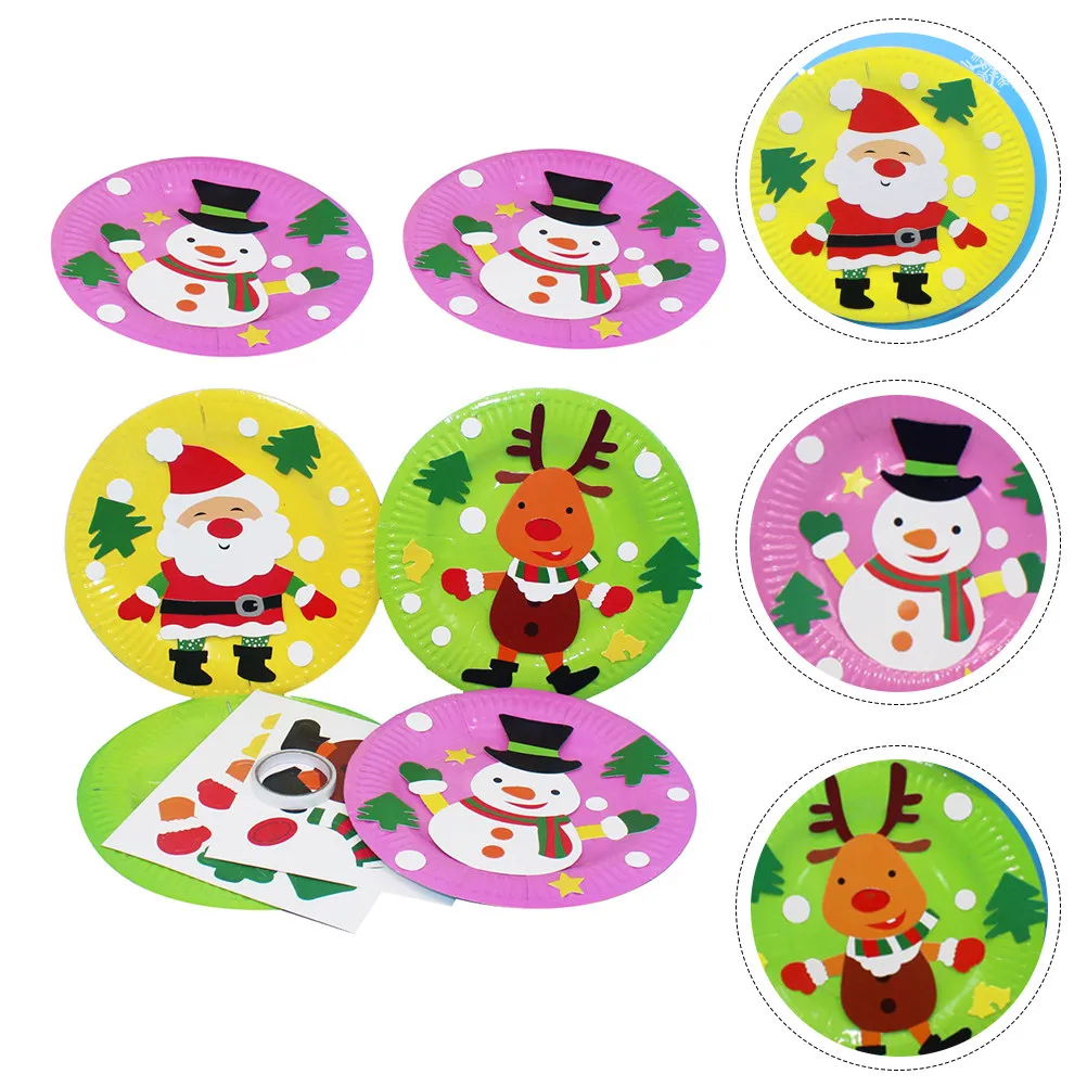 6Pcs Paper Plate Sticker Material Kit for Kids DIY Hand Painting Christmas Craft Activity Creative Bright Cartoon Design Easy to