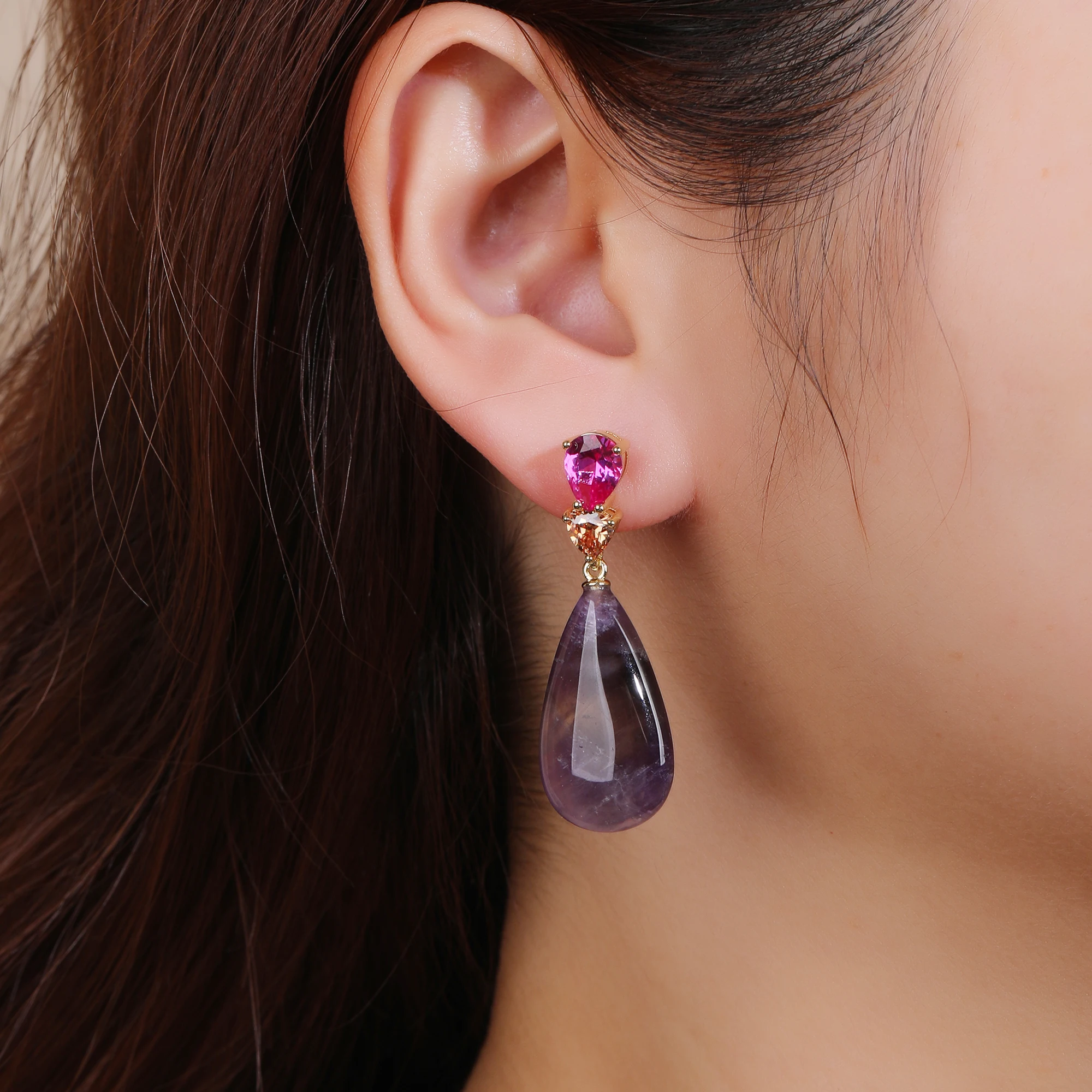 Classic Luxury Beauty Natural Gemstone Rose Quartz Amethyst Blue Sodalite Pendant Earrings Gold Plated with Zircon Inlay