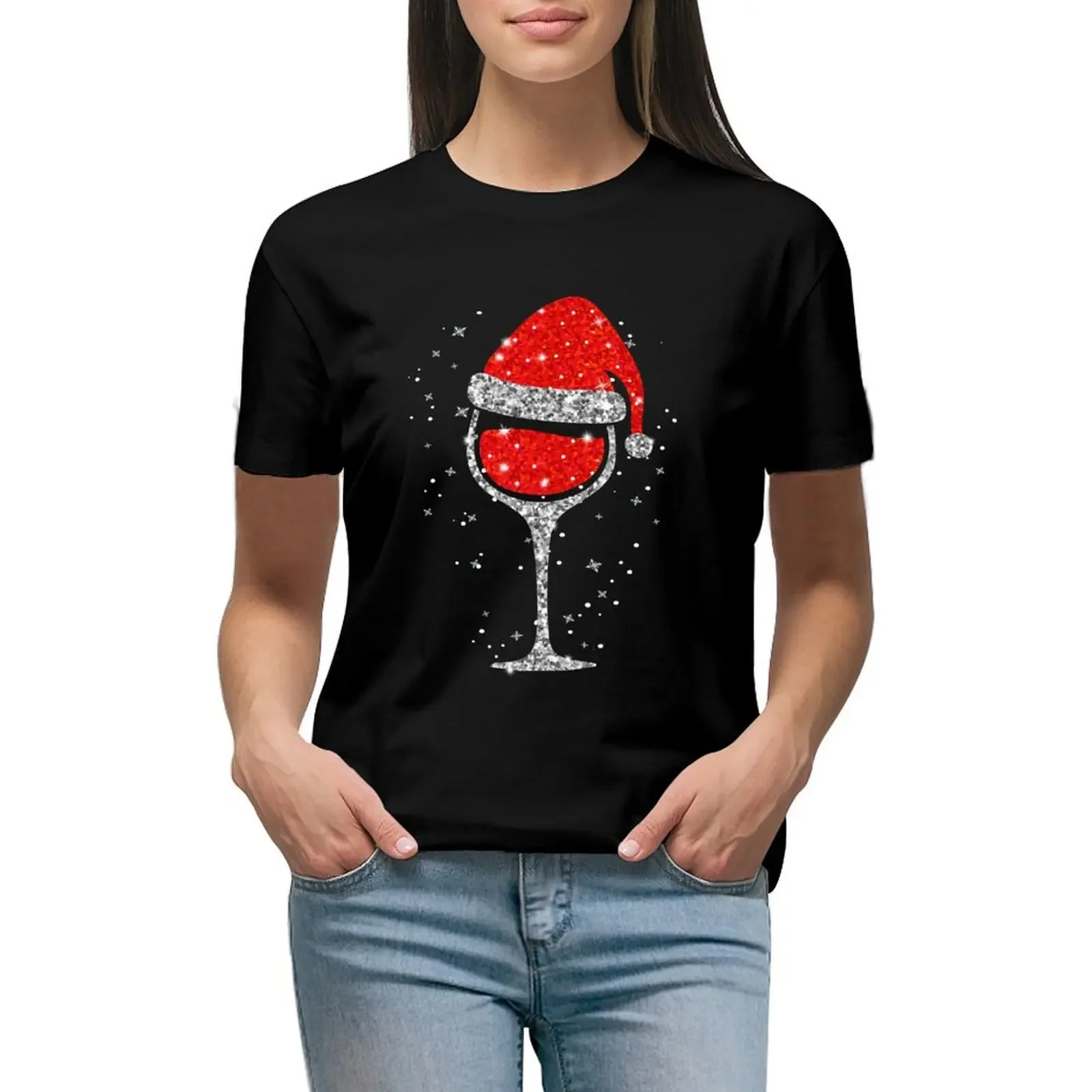 

Christmas Wine Glass Snowflakes Santa Hat Red Wine T-Shirt Aesthetic clothing korean fashion Women t-shirts