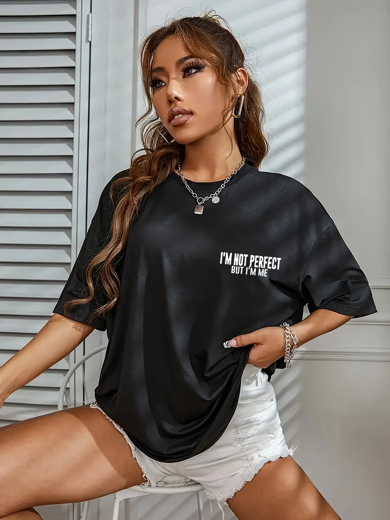 

Plus - Size Black Round Neck T - Shirt with 'I'm Not Perfect But I'm Me' Self - affirmation Quote: Confident and Authentic