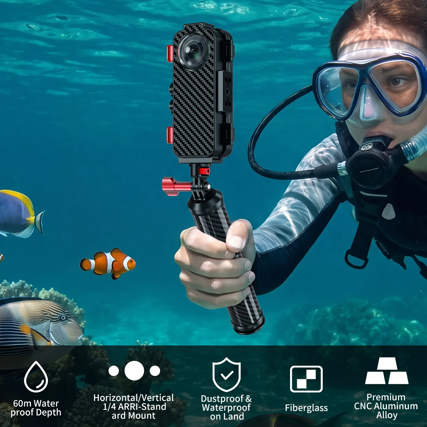Anti-Fog 60m wasserdichtes Aluminium-Tauchgehäuse für Insta360 X4 X5 Kamera mit Auftriebsstange und Griff zum Tauchen, Surfen und Unterwasseraufnahmen. – Detail 1