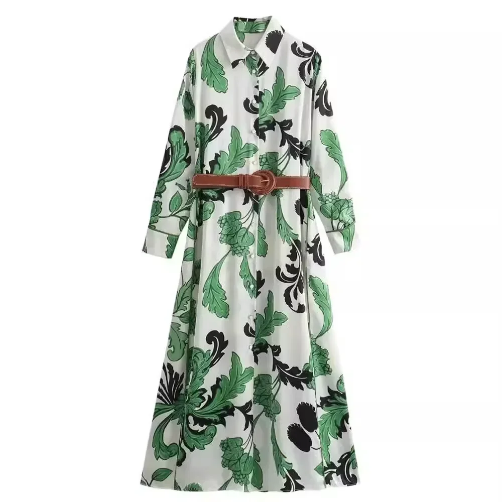 여성용 실크 새틴 질감 프린트 원피스, 전면 슬릿 디자인 롱 스커트, 벨트 셔츠 스타일, 신상