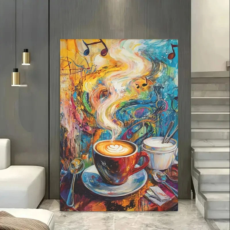 Large-sized frameless canvas paintings,Coffee Musical Notes Poster Prints Modern Abstract Graffiti Art Canvas Painting Wall Art